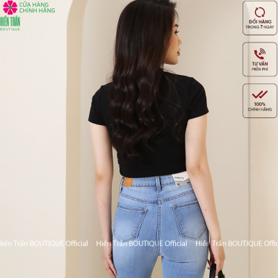 Áo croptop nữ Hiền Trần BOUTIQUE cổ tròn vải cotton bozip co giãn thoáng mát freesize ngắn tay thun đẹp