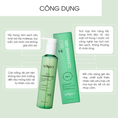 Nước tẩy trang không cồn Sennio Bio Gel Cleanser dạng gel thải độc 2 in 1 phù hợp cho da dầu mụn 200ml SNO 826