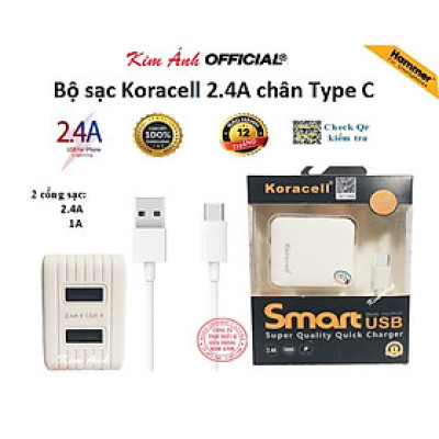 Bộ sạc nhanh Koracell 2.4A cổng Type C, có 2 cổng USB, Hàng chính hãng