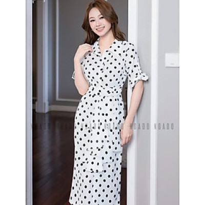 Đầm sơ mi chấm bi tay lửng NGADO , đầm sơ mi , đầm chấm bi , đầm kiểu