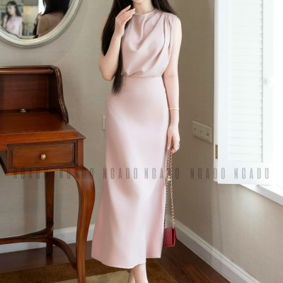 Set áo váy hồng sát nách xếp ly NGADO , set áo váy dài , set áo váy hồng