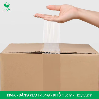 BK4A - 12 cuộn băng keo trong 1kg, khổ 4.8cm lõi nhựa - Băng dính đóng hàng, băng keo khổ lớn