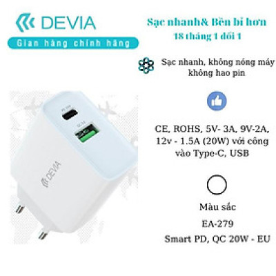 Củ sạc nhanh Devia Smart PD+ QC chuẩn EU 20W- hàng chính hãng