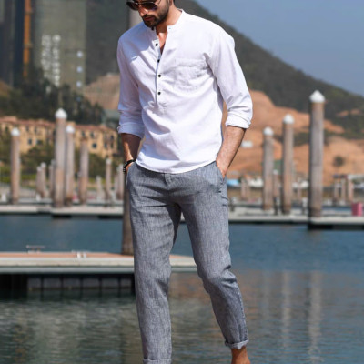 Áo sơ mi nam cổ tàu thiết kế  tày dài thích hợp mặc mùa nhè, mùa thu với chất liệu mềm mịn mướt