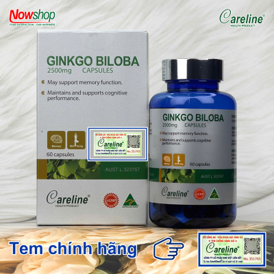 Ginkgo Biloba 2500mg Careline hộp 60 viên tăng tuần hoàn não giảm đau đầu chóng mặt tiền đình