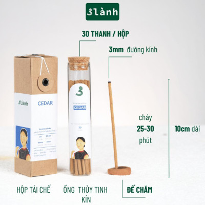 Nhang Thủ Công Gỗ Bách Cedar 3 Lành Hộp 30 Que 100 % Tự Nhiên Tặng Kèm Đế Chăm Không Hóa Chất Xông Thơm