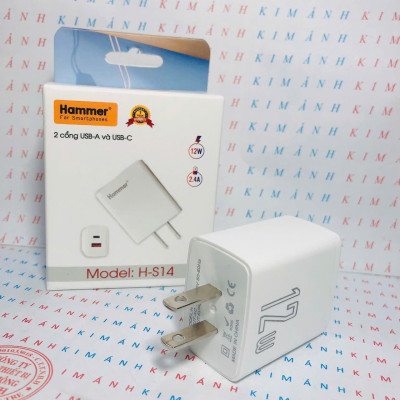 Củ sạc Ham mer H-S14, dòng điện 2.4A công suất 12W có 2 cổng (Type C và cổng USB), Check Qr hàng chính hãng