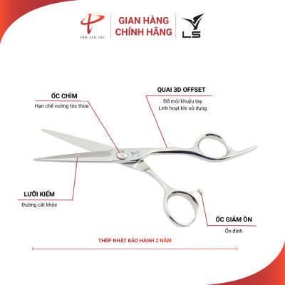 Kéo cắt tóc VLS CB23/5.5 lưỡi thẳng quai offset vênh đỡ ngón cố định - Hàng chính hãng