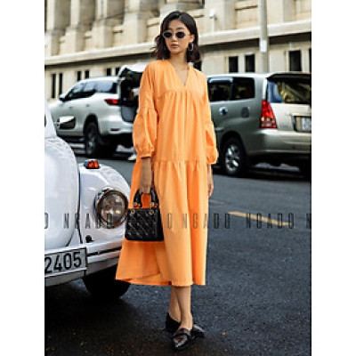 Đầm babydoll cam dài tay NGADO , đầm nữ , Đầm suông , Đầm phom rộng