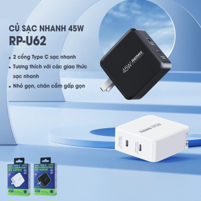 Củ sạc nhanh GaN công suất 45W Remax RP-U62 chuẩn kép PD + QC 3.0 - Hàng chính hãng Remax Bảo Hành 12 Tháng 1 Đổi 1