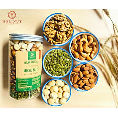 MIX HẠT ĂN LIỀN HOLI 01 - Hạt bí rang, Hạnh nhân rang mộc, Nhân óc chó vàng, Nhân macca, Điều tách lụa / đóng gói 500gram