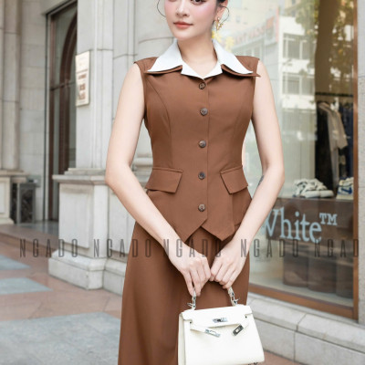 Set áo váy nâu sơ mi NGADO , set áo váy Nữ , set áo váy sơ mi