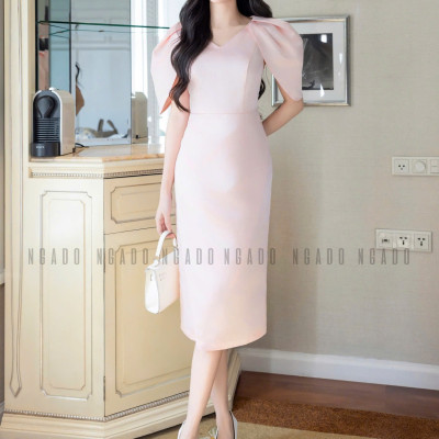 Đầm hồng tay xếp ly NGADO , đầm dự tiệc , đầm thiết kế
