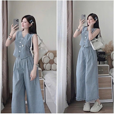 Set đồ nữ sọc xanh -áo sát nách kèm quần ống rộng đi chơi siêu xinh