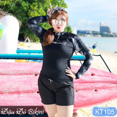 Áo tắm đồ bơi nữ BIG SIZE, mẫu áo tay dài chống nắng & quần short đùi kín đáo, che bắp tay dấu bụng tốt, bộ bơi 3 chi tiết cho người mập béo, size to đến 98kg | KT105