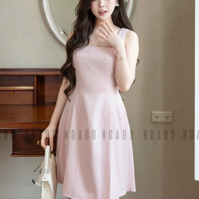 Đầm hồng cổ vuông xếp ly NGADO , đầm xếp ly , đầm dự tiệc , công sở