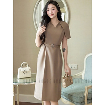 Đầm nâu tay xếp ly NGADO , đầm công sở , đầm dự tiệc