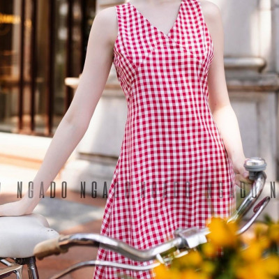 Đầm caro đỏ cổ tim NGADO , đầm nữ , Đầm vintage , Đầm mùa hè , Đầm dạo phố , Đầm xinh , Đầm thiết kế