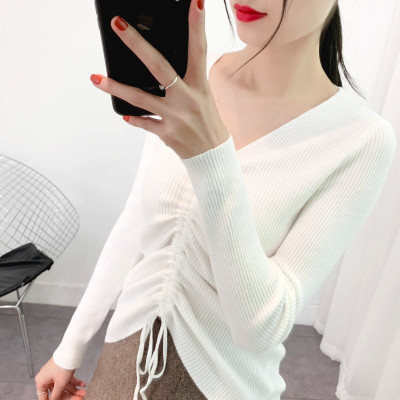Áo len nữ màu trắng dài tay cổ chữ V thiết kế dây rút  thu đông hb35