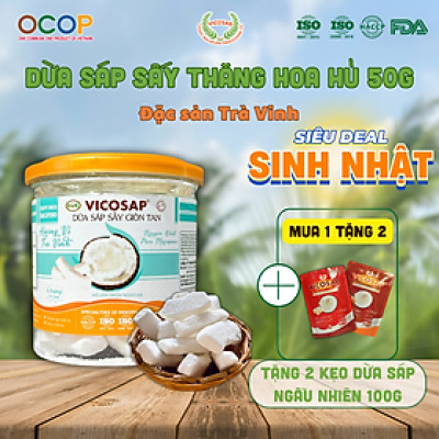 Dừa sáp sấy giòn cao cấp VICOSAP ít đường đồ ăn vặt healthy đặc sản Trà Vinh hộp 50gr