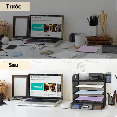 Kệ đựng hồ sơ tài liệu giấy tờ kim loại để bàn 5 tầng kèm khay đựng bút thước gôm ghim bấm tủ kéo tiện dụng thông minh Legaxi