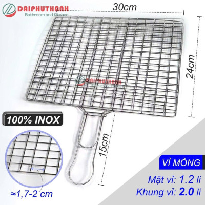 Vỉ Nướng Than Inox Vỉ Nướng Thịt Cá Dạng Kẹp - Độ dày 2 đến 3 li, mặt vỉ 30x24cm đan ca rô dày dặn