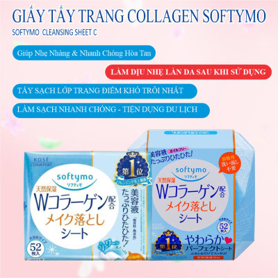 Khăn Giấy Tẩy Trang Ngừa Lão Hóa Bổ Sung Collagen Kosé Softymo Cleansing Sheet C (Gói Refill 52 miếng)