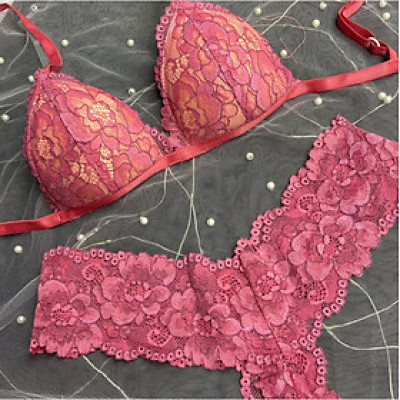 Bộ Nội Y Thiết Kế Ren Cao Cấp Hồng San Hô Có Mút Quần Chữ Y