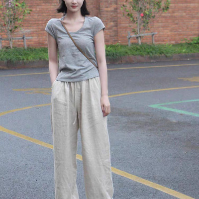 Quần dài suông linen thô cao cấp đũng ngắn lưng thun (Be Sáng)