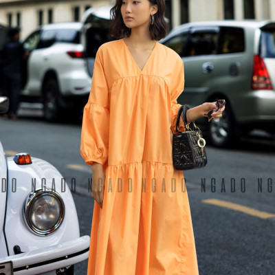 Đầm babydoll cam dài tay NGADO , đầm nữ , Đầm suông , Đầm phom rộng