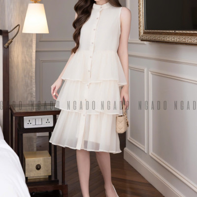 Đầm babydoll kem vàng cổ trụ NGADO , đầm babydoll , đầm Nữ