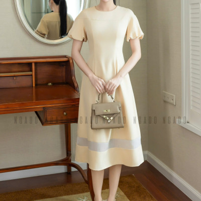 Đầm kem dài cổ tròn NGADO , đầm dài , đầm cổ tròn