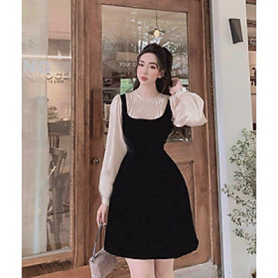 Đầm xòe dự tiệc áo tay dài phối màu xếp ly hàng cao cấp