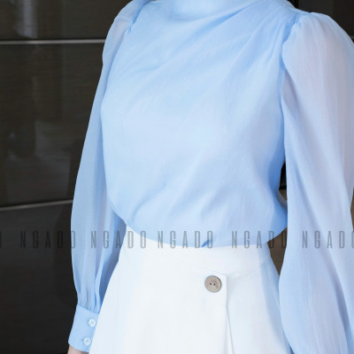 Set áo voan xanh váy trắng NGADO , set áo váy dài , set công sở