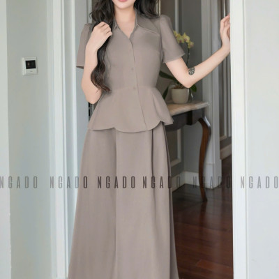 Set áo váy peplum nâu NGADO , set áo váy dài , set áo váy kiểu Nữ