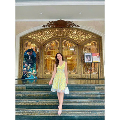 Đầm Xoè  Nữ Tính, Thanh Lịch  Soleil DRE218Floral hoa vàng thời trang thiết kế Hity