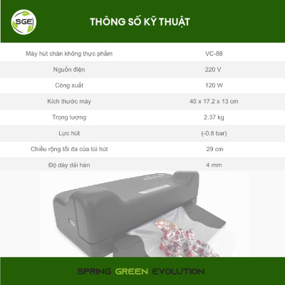 Máy hút chân không thực phẩm VC88.Đảm bảo khả năng hút chân không mạnh mẽ và mối hàn chắc chắn. Hàng chính hãng Thái Lan