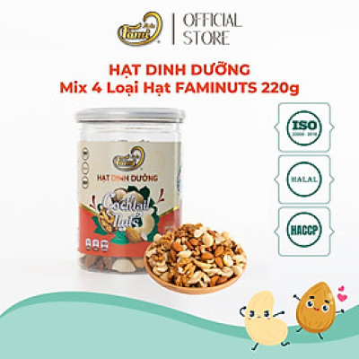 Mix 4 Hạt Dinh Dưỡng Nhập Khẩu(Nhân Óc Chó Mỹ + Hạnh Nhân Mỹ + Macca Úc + Hạt Điều A+ ) - Hũ Nắp Nhôm 220g - Hạt Dinh Dưỡng Cao Cấp FAMINUTS