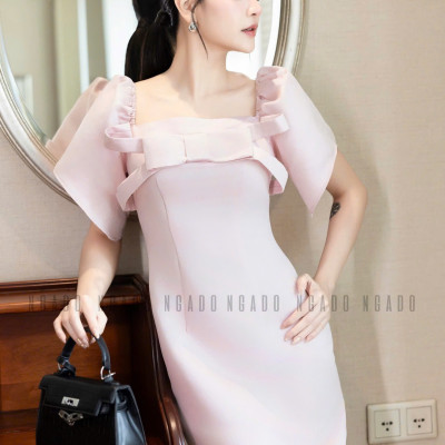 Đầm hồng cổ vuông tay phồng NGADO , đầm dự tiệc , đầm sang trọng