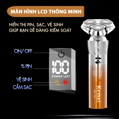 Máy cạo râu khô và ướt KEMEI KM-T86 chống thấm nước IPX6 công suất 8W sạc USB nhanh 1.5 giờ - Chính hãng