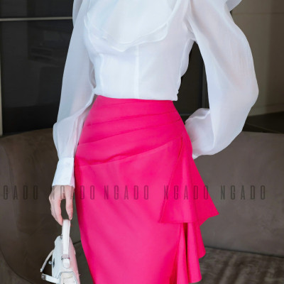 Set áo voan trắng váy hồng sen NGADO , set áo kèm chân váy , set áo váy Nữ