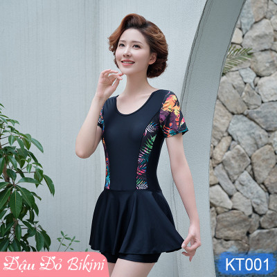 Bộ bơi nữ trung niên một mảnh quần đùi liền chân váy thời trang cho mẹ và bà, dấu bụng thon gọn kín đáo, chất bơi dày đẹp mịn mát co giãn cao, có size lớn | KT001