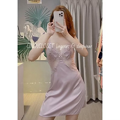 Váy Ngủ D152 Lụa Quảng Châu Phối Ren Hoa Không Mút Xinh Xắn