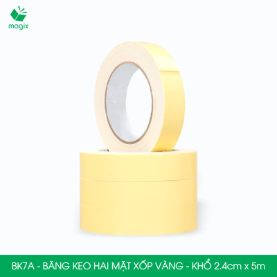 BK7A - 10 cuộn băng keo xốp 2 mặt siêu dính - Khổ 2.4cm x 5m - Băng dính xốp vàng, băng keo hai mặt