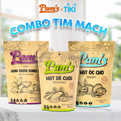 COMBO Chăm Sóc Tim Mạch - Hạt Óc Chó Chile (500g) + Hạnh Nhân Rang Bơ(500g) + Hạt Dẻ Cười(180g) Pam