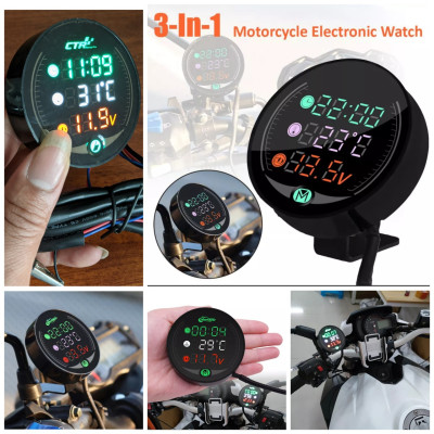 Đồng hồ báo giờ xe máy 3in1 CTR, báo nhiệt độ, vôn ắc quy mẫu mới loại tốt gắn các loại xe hàng cao cấp, phụ kiện xe máy