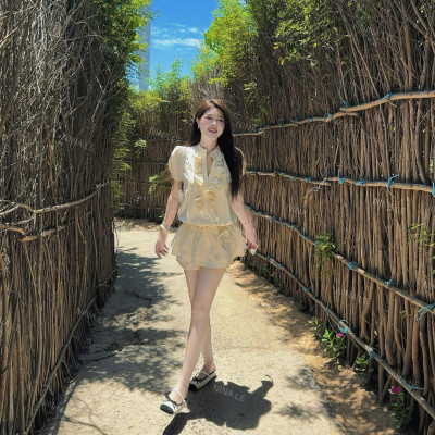 Váy sơ mi vàng bèo ngực đai hoa-Đầm nữ xinh