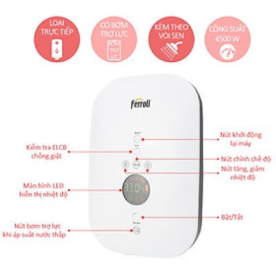 Bình nước nóng trực tiếp Ferroli Slim Divo SDP 4.500W, hiển thị điện tử, có bơm tăng áp - Hàng Chính Hãng