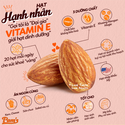 Hạnh Nhân Rang Bơ Pams, Nhập Khẩu Mỹ Vỏ Mỏng Chất Lượng, Không Cholesterol, Dùng Ăn Kiêng