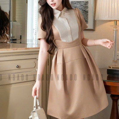 Đầm nâu cổ phối trắng NGADO , đầm dạo phố , đầm công sở